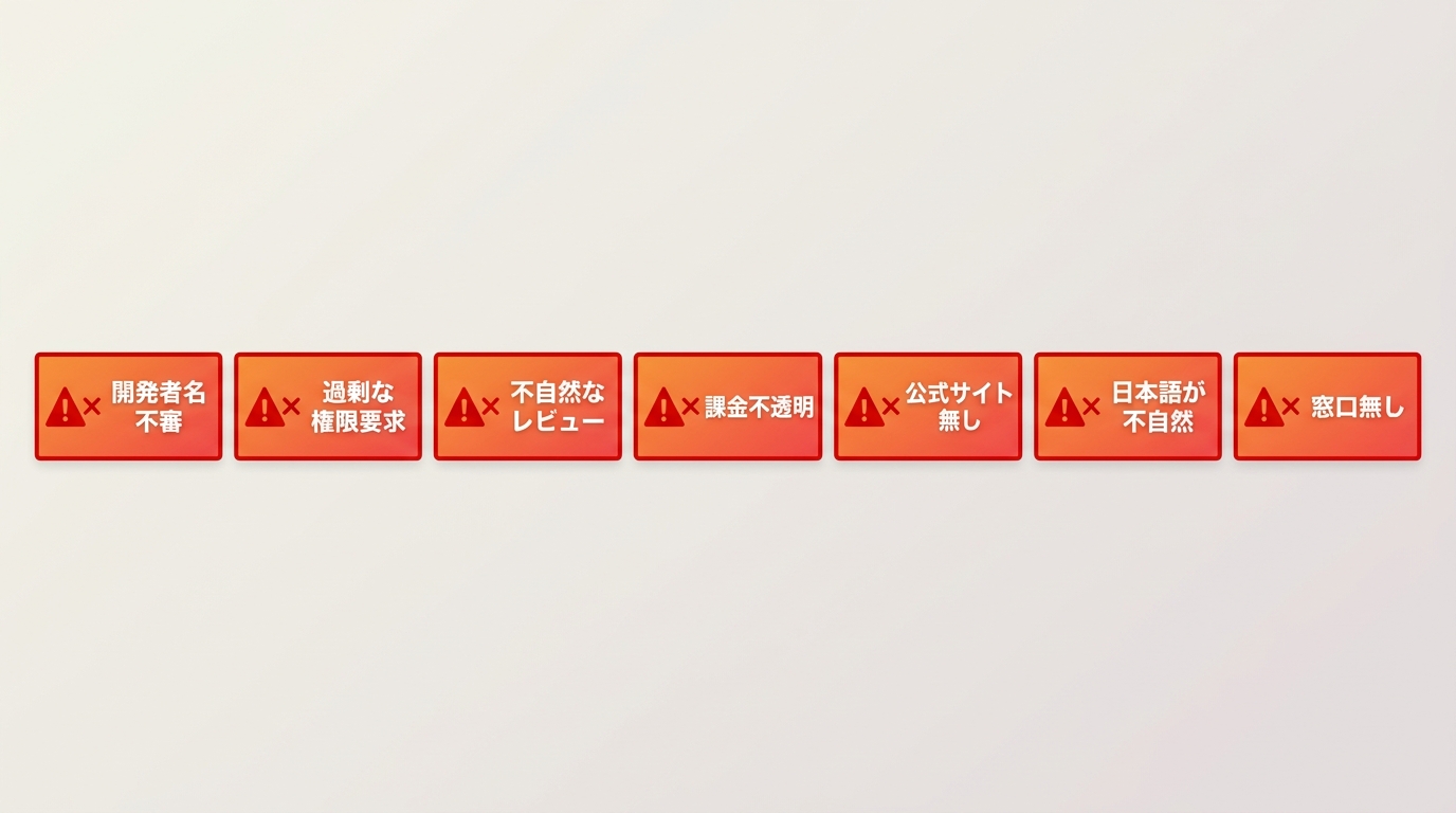 偽物Music FMアプリを見抜く10項目チェックリスト。権限・レビュー・開発者名など危険サインを列挙