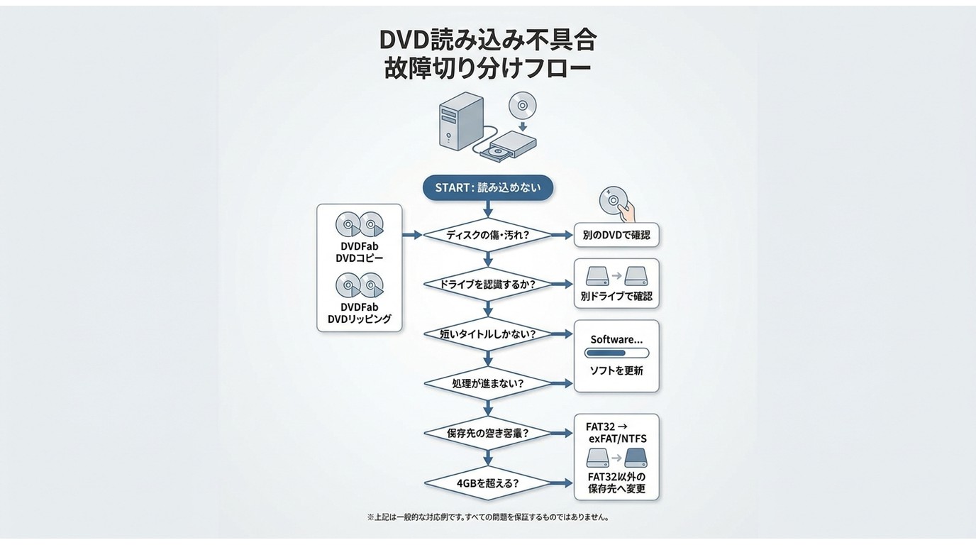 DVDが読み込めないときのディスク、ドライブ、保存先、DVDFabの確認手順