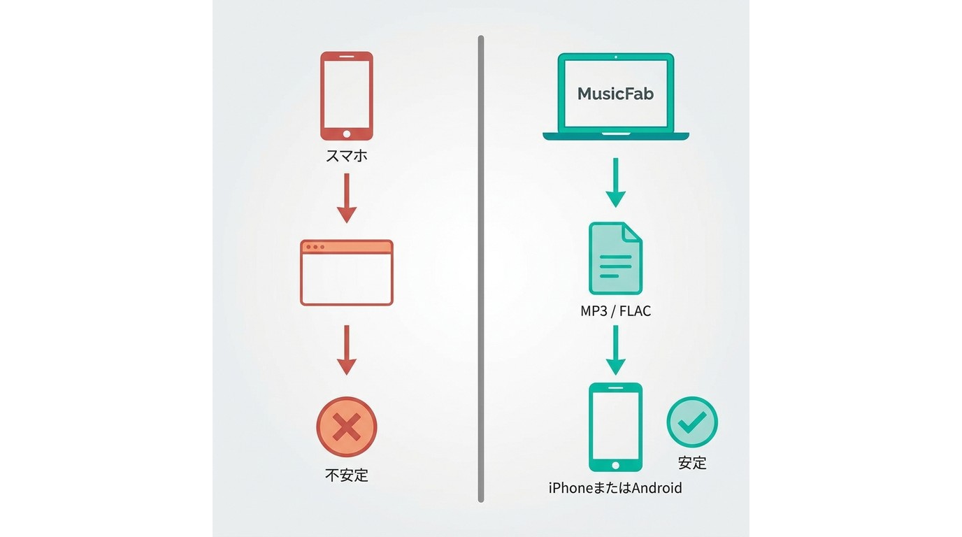 iPhone・AndroidでYouTube Musicを直接保存する場合の不安定さと、PC経由で転送する安定ルートの比較
