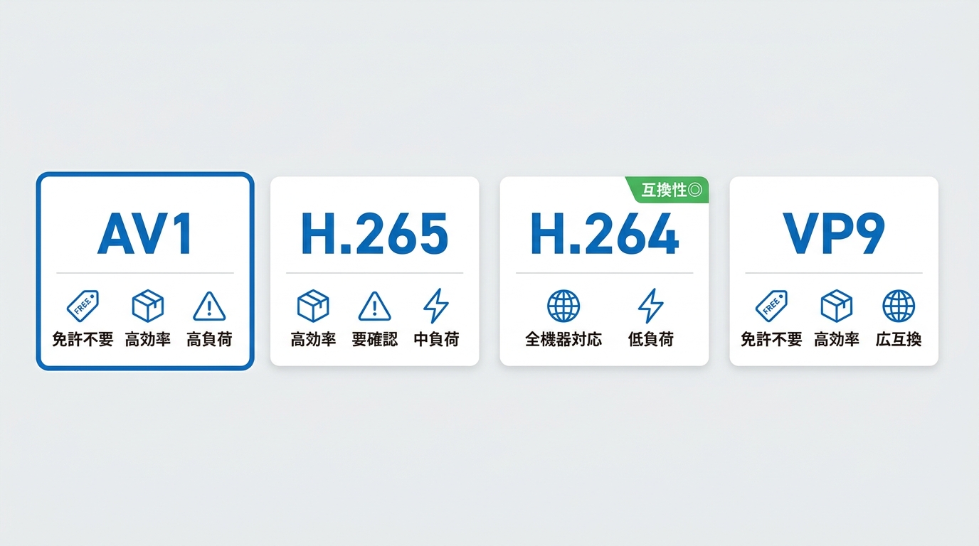AV1・H.265・H.264・VP9の特徴比較