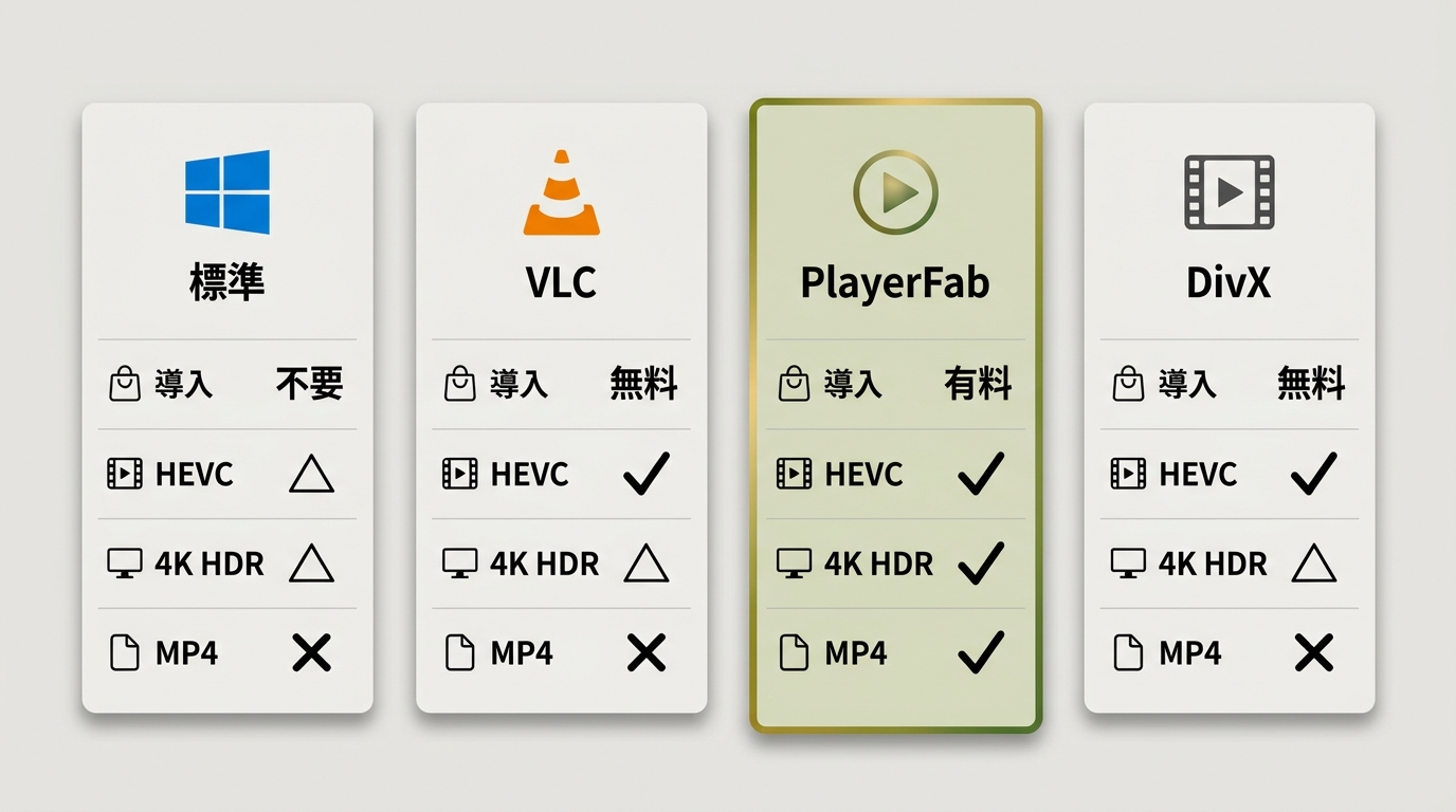Windows標準プレーヤー・VLC・PlayerFab・DivXのMOV対応比較