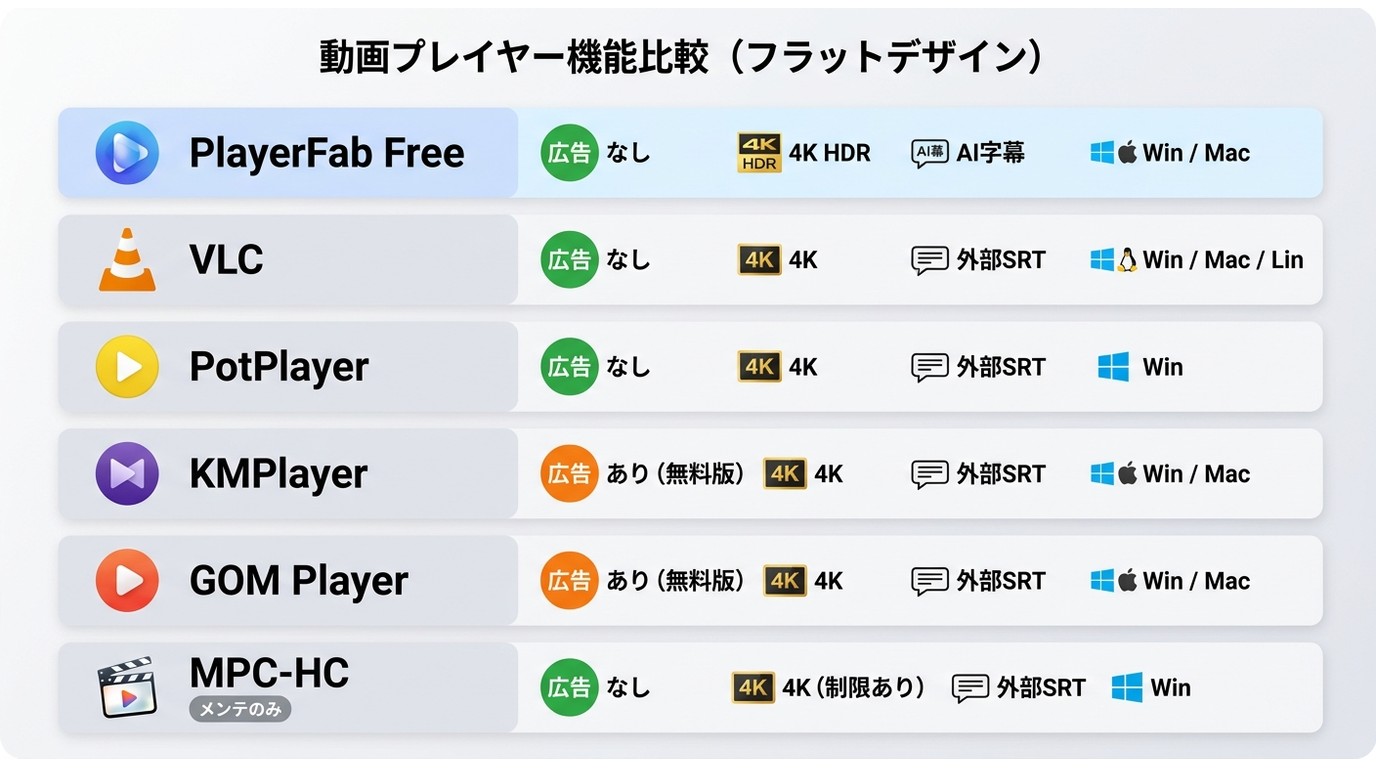 PlayerFab、VLC、PotPlayer、KMPlayer、GOM Player、MPC-HCの比較