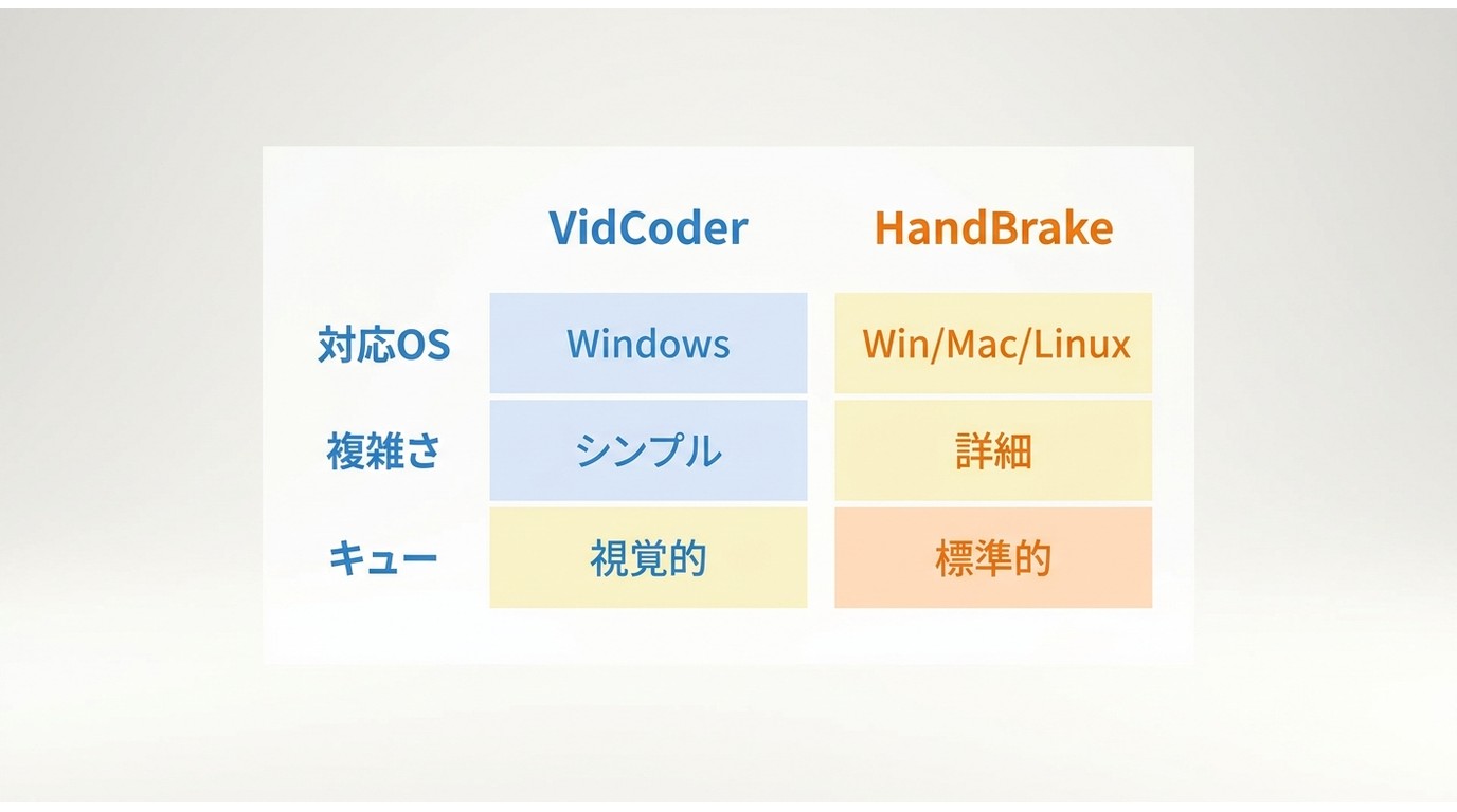 VidCoderとHandBrakeの対応OS・操作性・キュー管理の比較表