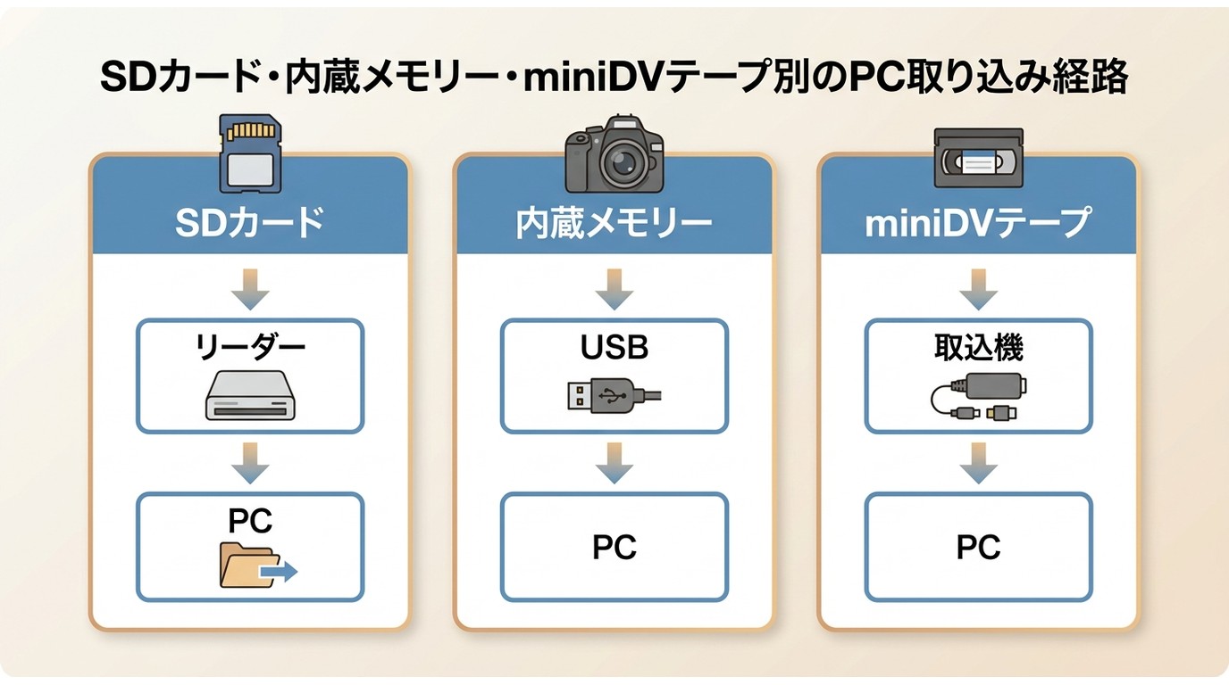 SDカード・内蔵メモリー・miniDVテープ別のPC取り込み経路フローチャート