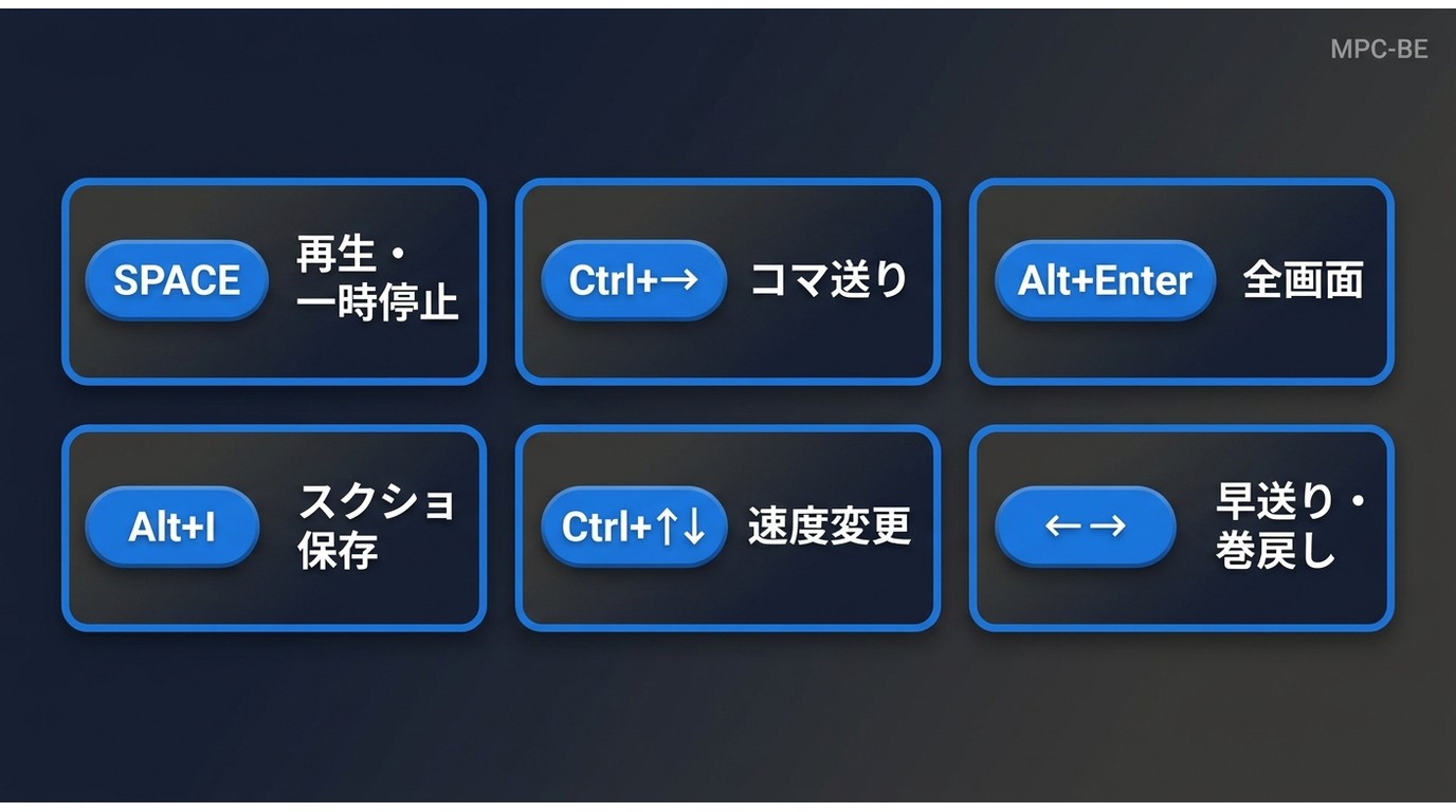 MPC-BEの再生、全画面表示、コマ送りなどの操作一覧