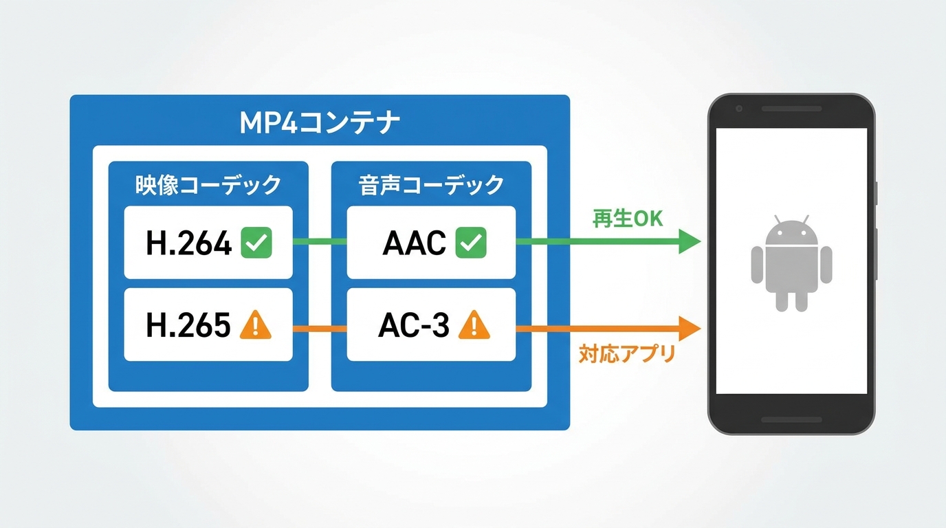 MP4コンテナの中に映像コーデックと音声コーデックが入る構造