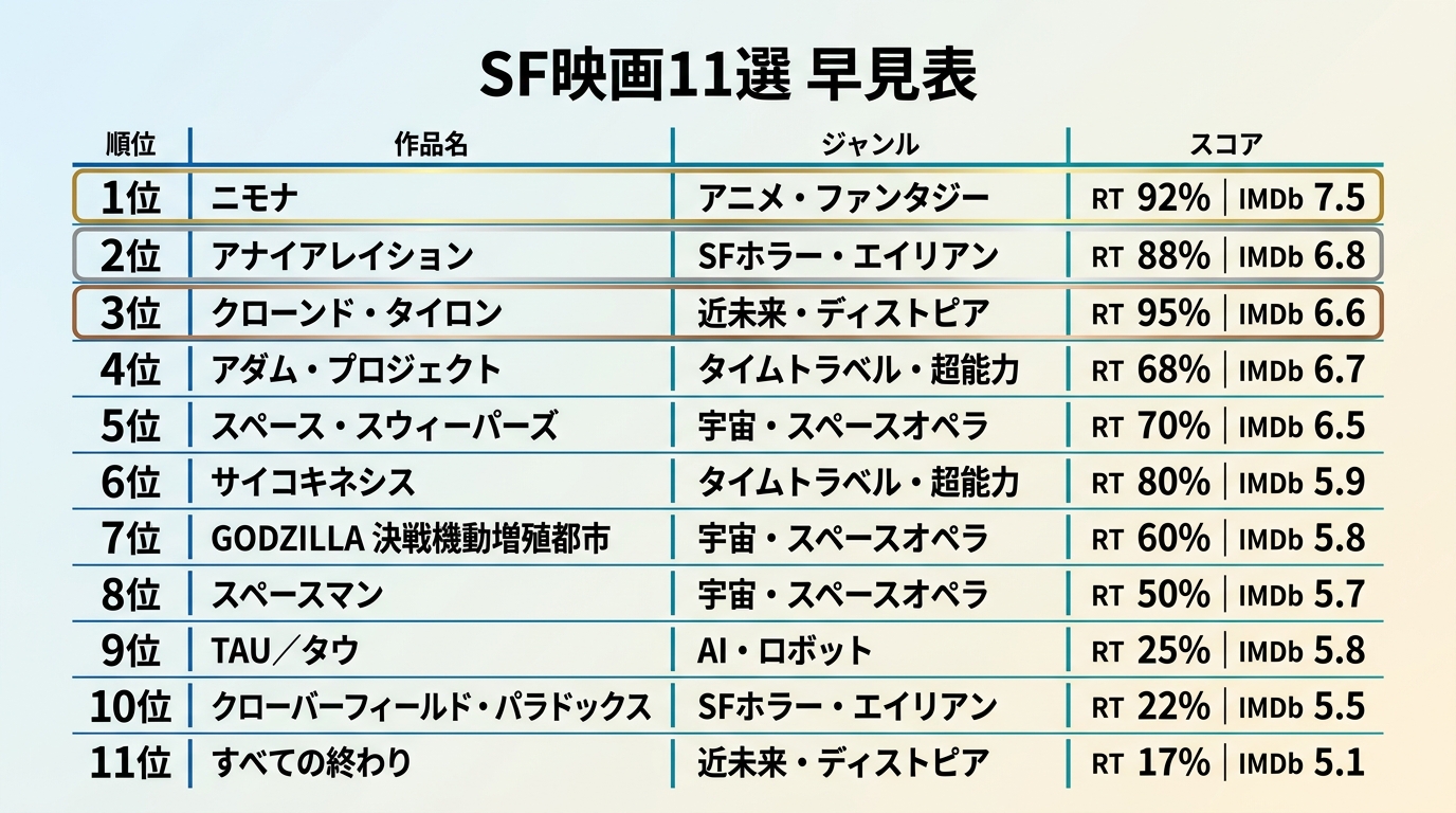 NetflixのSF映画11本ランキング一覧。ニモナ1位(IMDb 7.5・RT 92%)からすべての終わり11位まで評価を比較