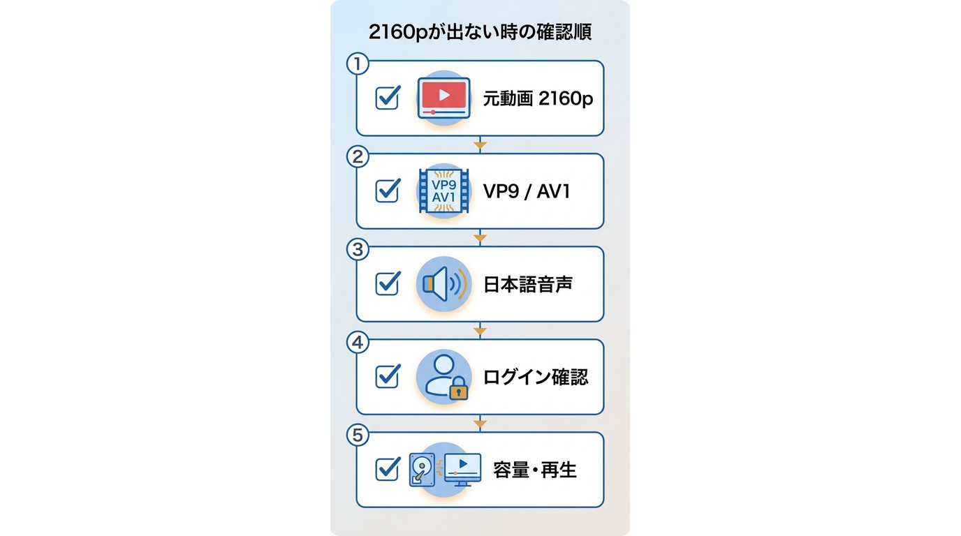 YouTube 2160pが表示されず1080pになる場合の確認方法