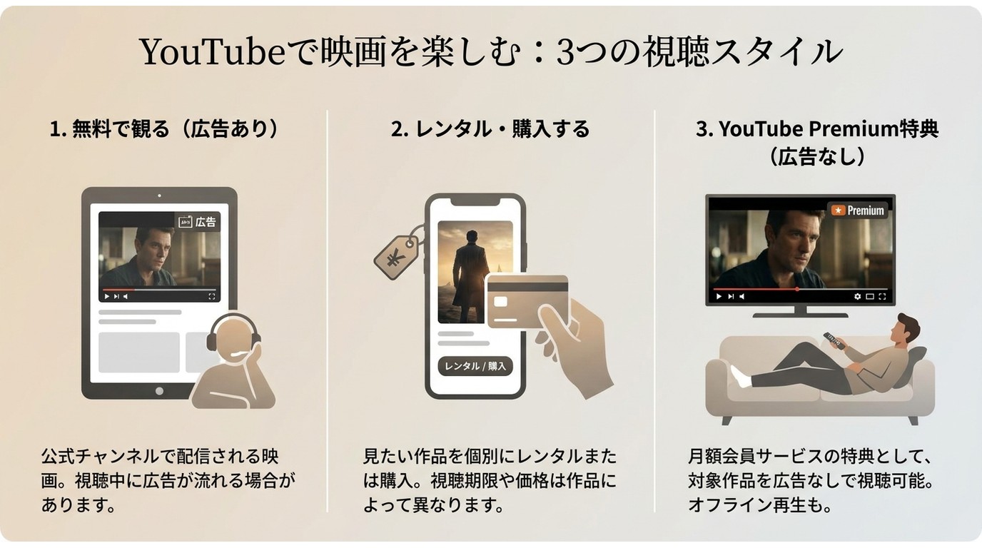 YouTubeで見られる無料映画・購入レンタル映画・Premiumオフライン再生の違い