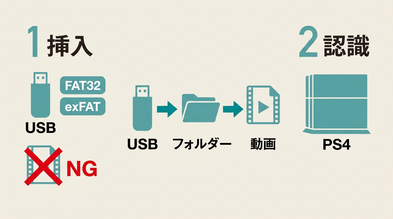 PS4で再生するUSB動画のフォルダー配置