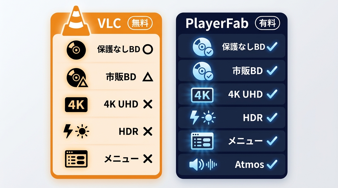 VLCとPlayerFab Ultra HDプレーヤーのBlu-ray機能比較