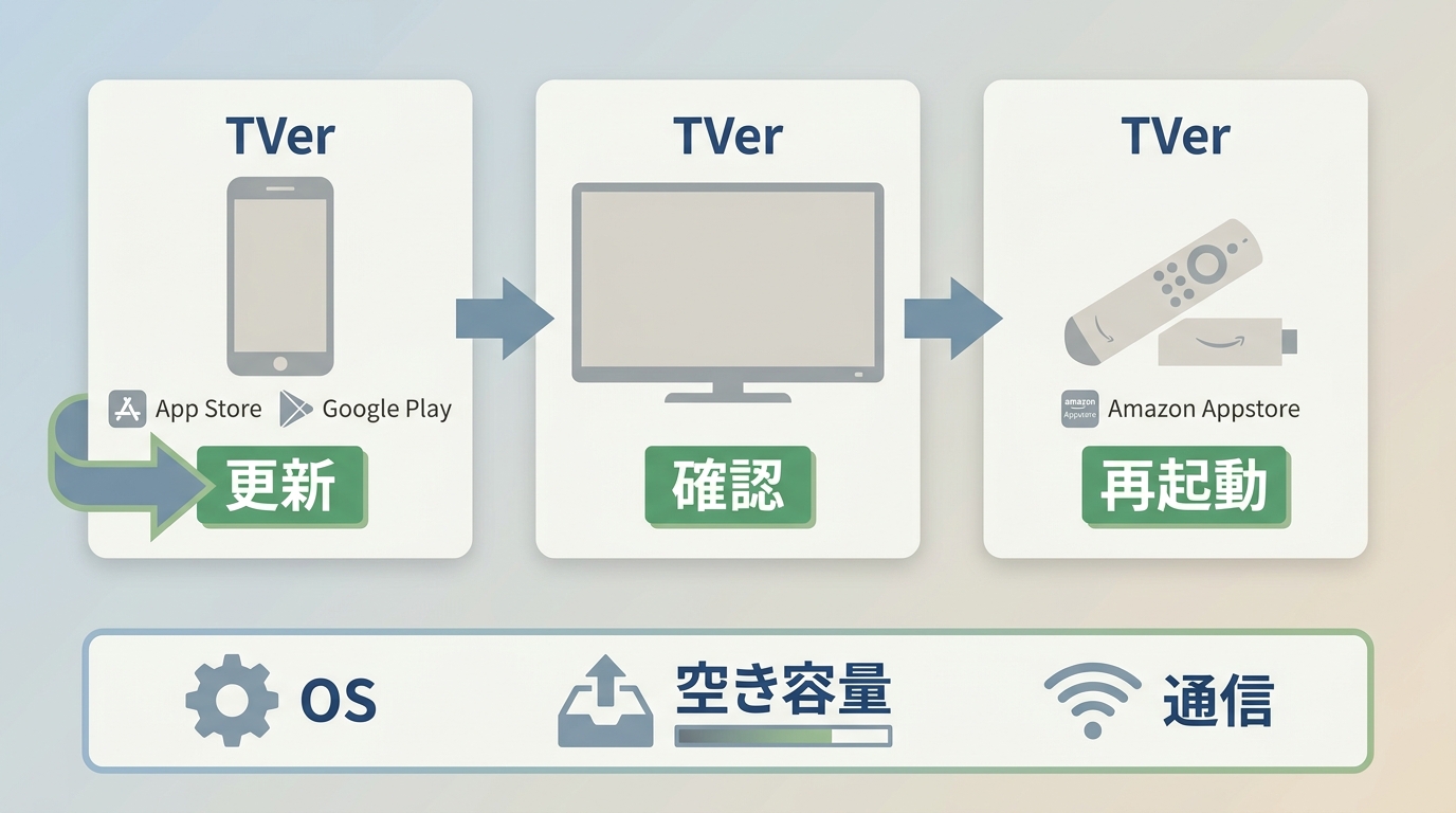 TVerをスマホ、テレビ、Fire TVでアップデートできない場合の確認手順