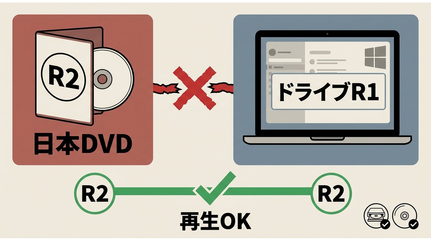 DVDリージョンコードとPCの再生環境が一致しない例