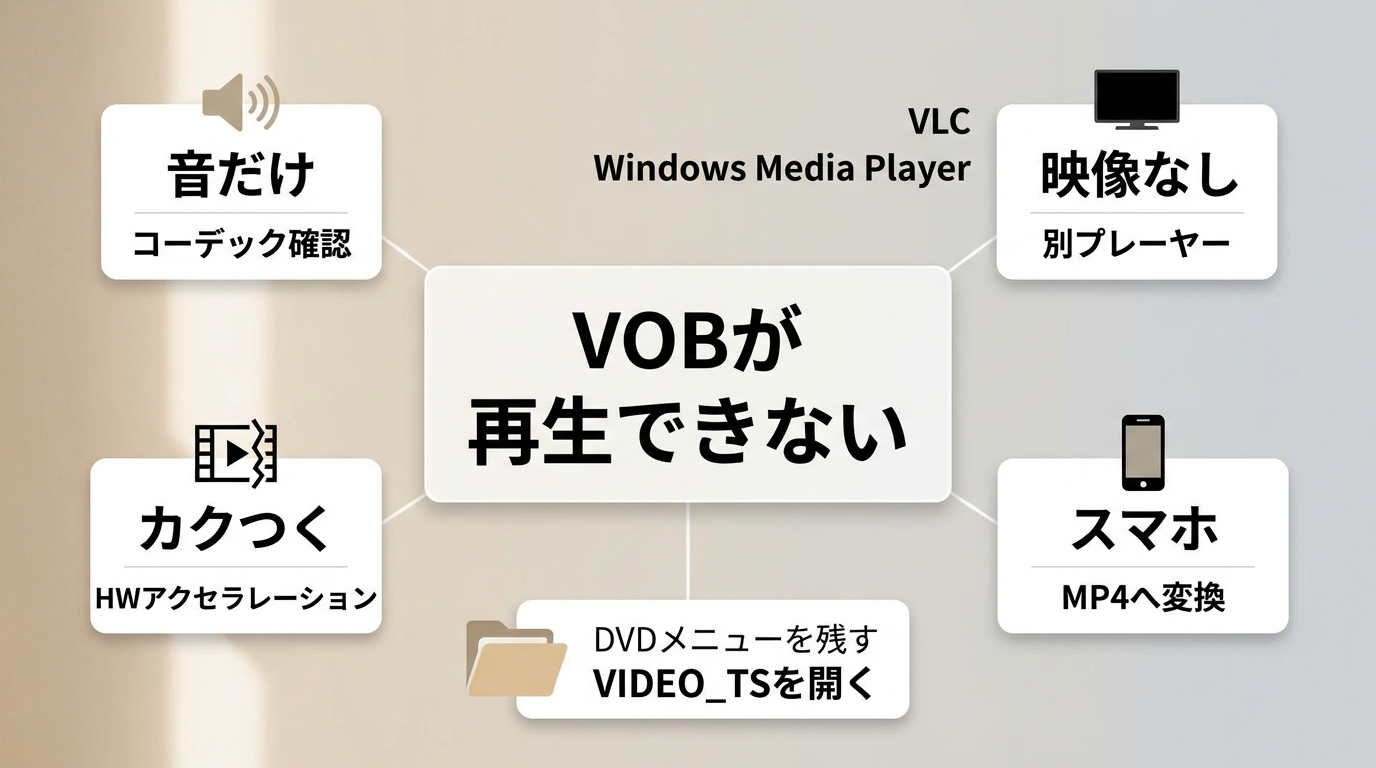 VOBの音だけ、映像なし、カクつきを切り分ける対処フロー