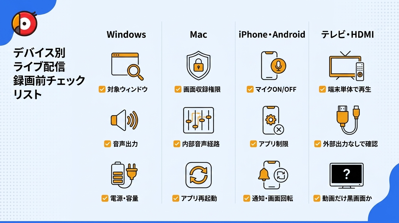 Windows、Mac、iPhone、Android、テレビでライブ配信を録画するときの違い
