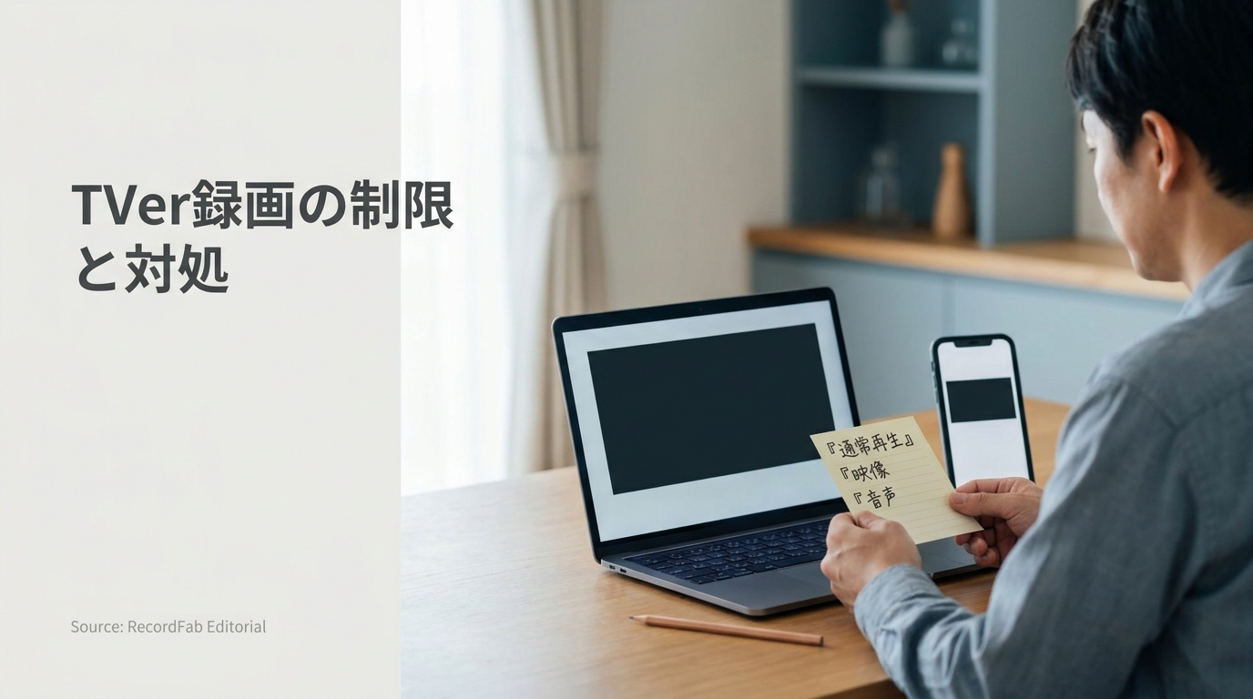 WindowsノートPCとスマートフォンを前に、配信期限と黒画面・音声トラブルを確認する利用者の横長イメージ。