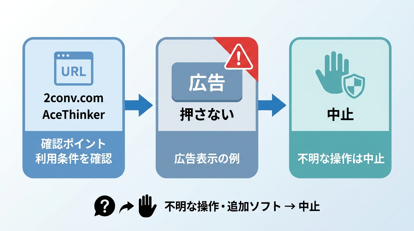 2conv.comとAceThinker利用時に広告や追加ソフト表示を避ける確認手順