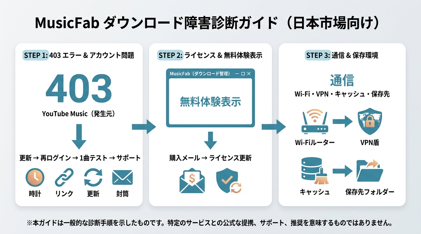 MusicFabの403エラー、ライセンス、通信障害を切り分ける確認手順