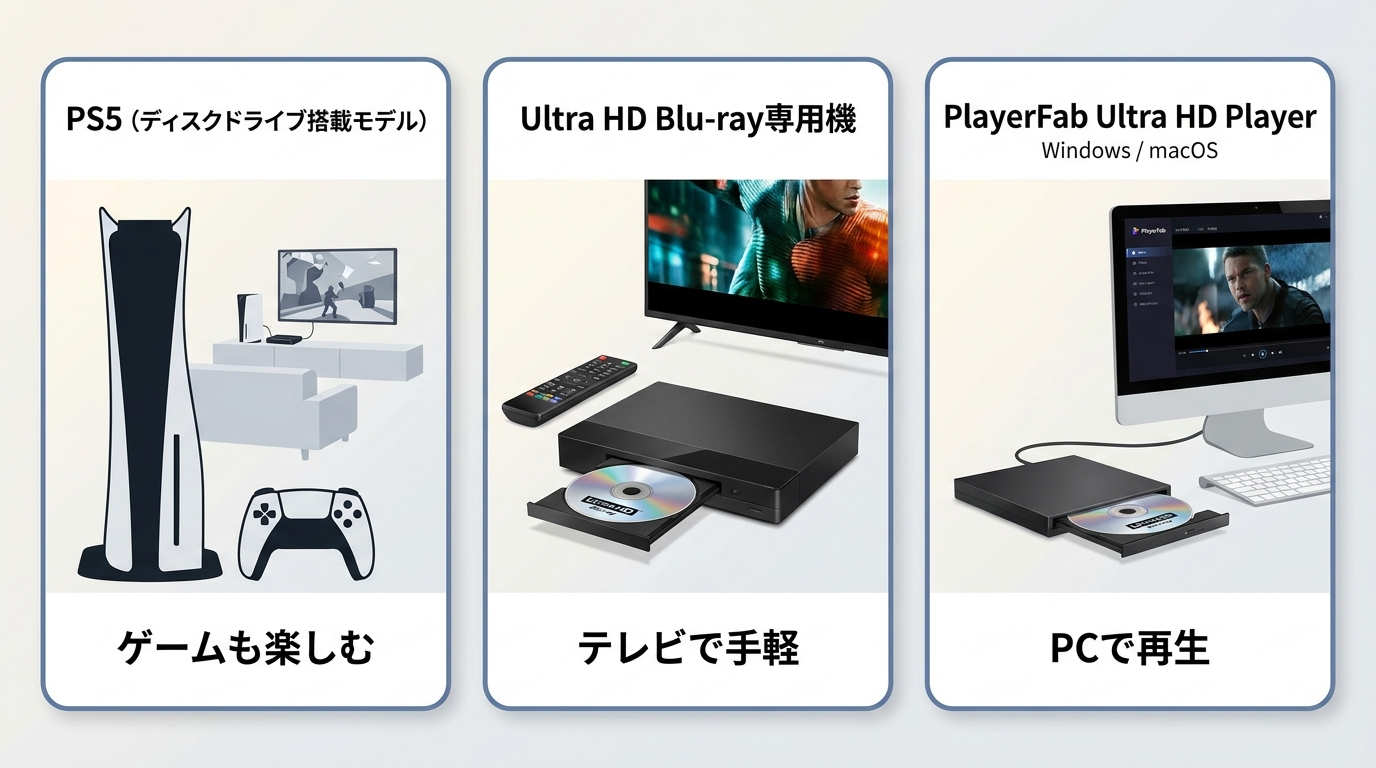 PS5、専用UHD Blu-rayプレーヤー、対応PCで4K UHD Blu-rayを見る方法