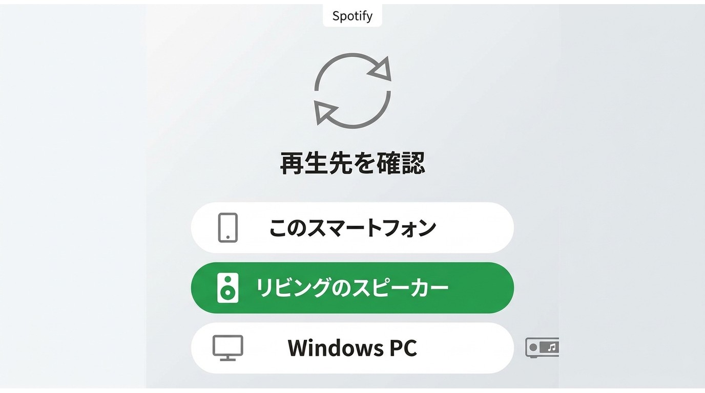 Spotify Connectでスマホ、スピーカー、Windows PCの再生先を確認する画面