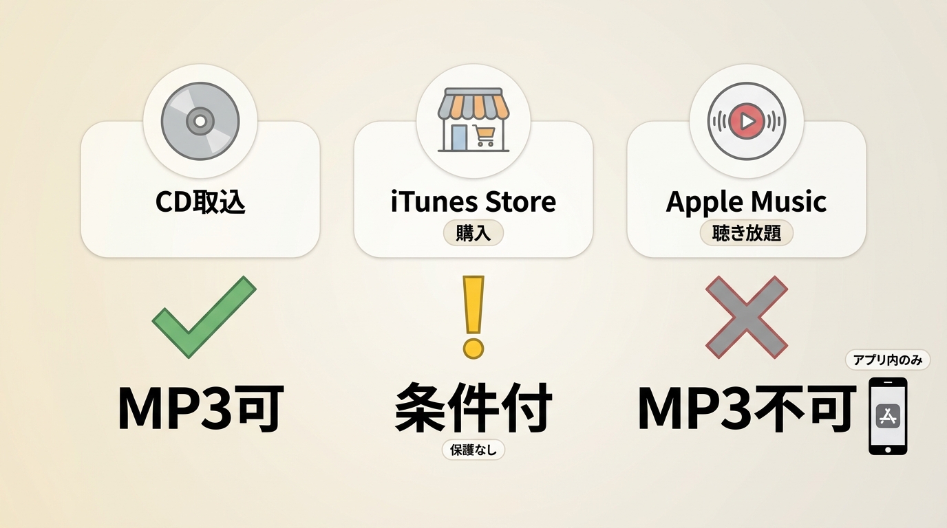 Apple Music、購入曲、CD取り込み曲ごとのMP3変換可否