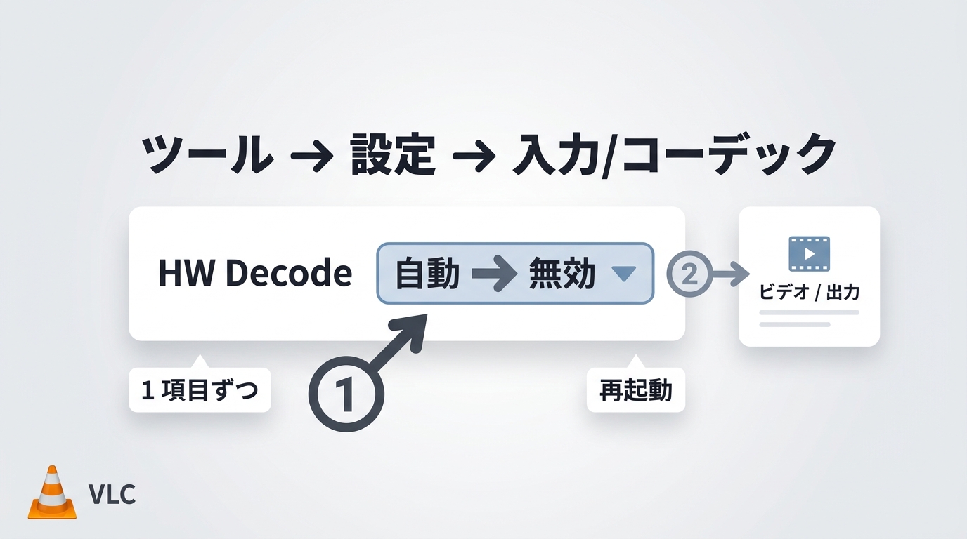 VLCの映像出力とハードウェアデコードを確認するイメージ