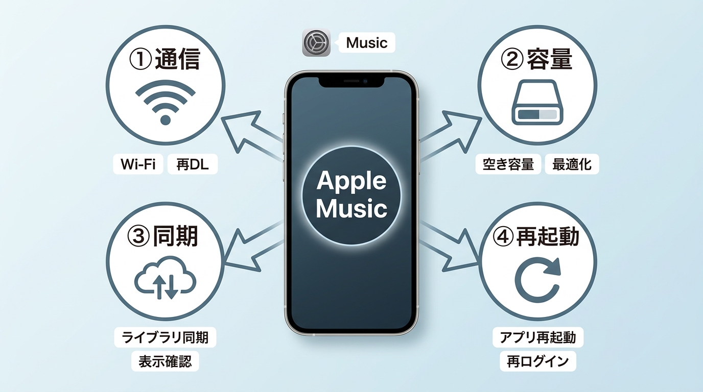 Apple Musicのダウンロード不具合で通信、容量、同期、再起動を確認する順番