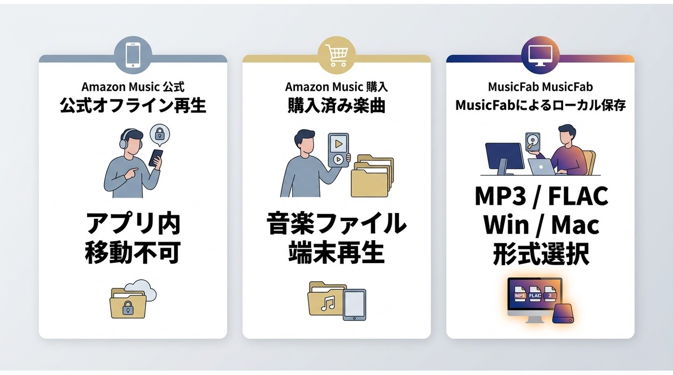 Amazon Music公式保存、購入曲、MusicFabの形式と端末対応の比較