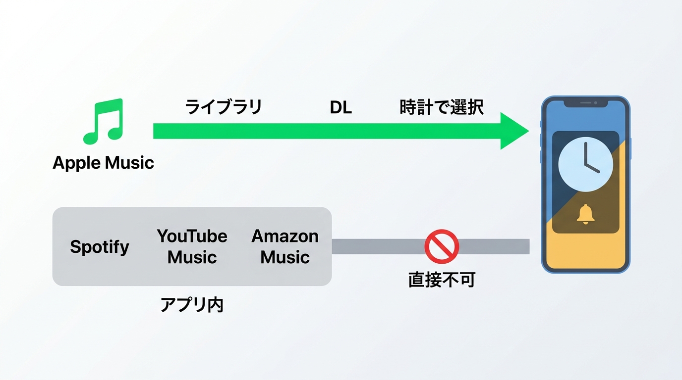 Apple Musicはアラームに選べるがSpotifyなどは直接選べない仕組み