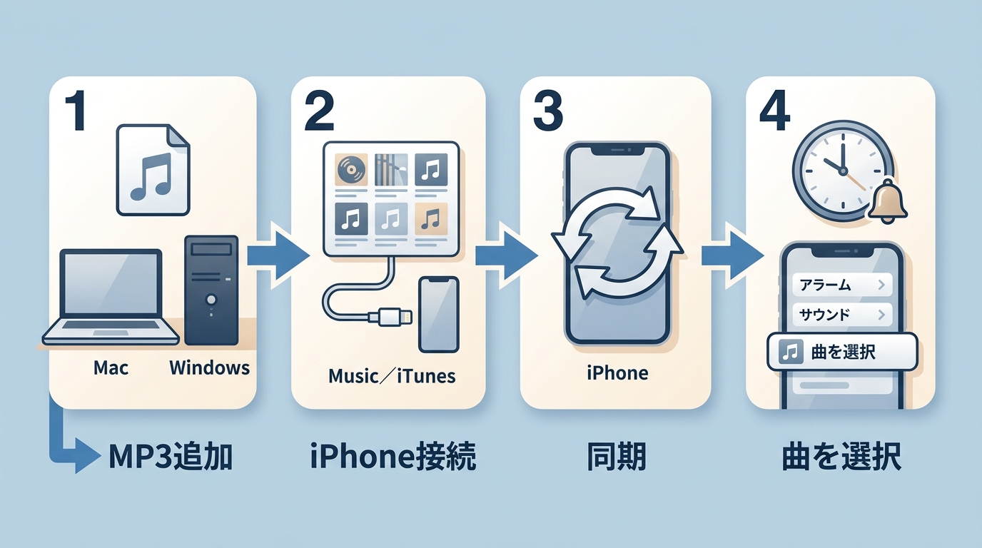 MacまたはWindowsのMP3をiPhoneへ同期してアラーム音に設定する手順