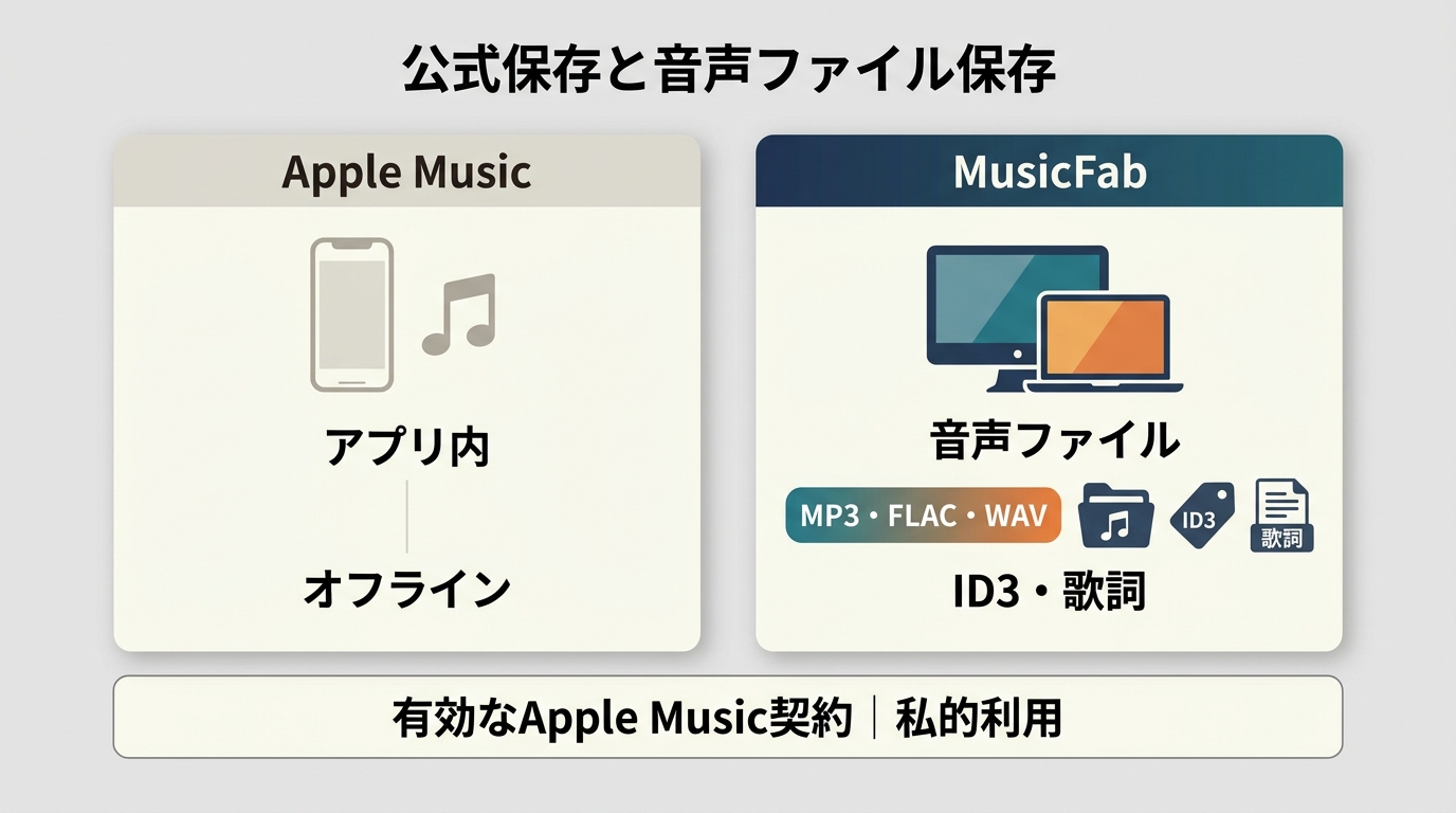 Apple Music公式保存とMusicFabの再生場所、保存形式、管理方法の違い