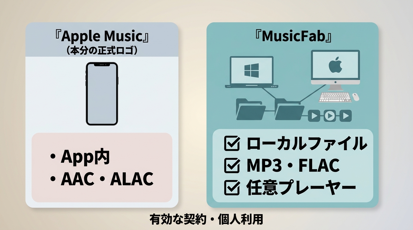 Apple Music公式ダウンロードとMusicFabの保存先、形式、再生場所の違い