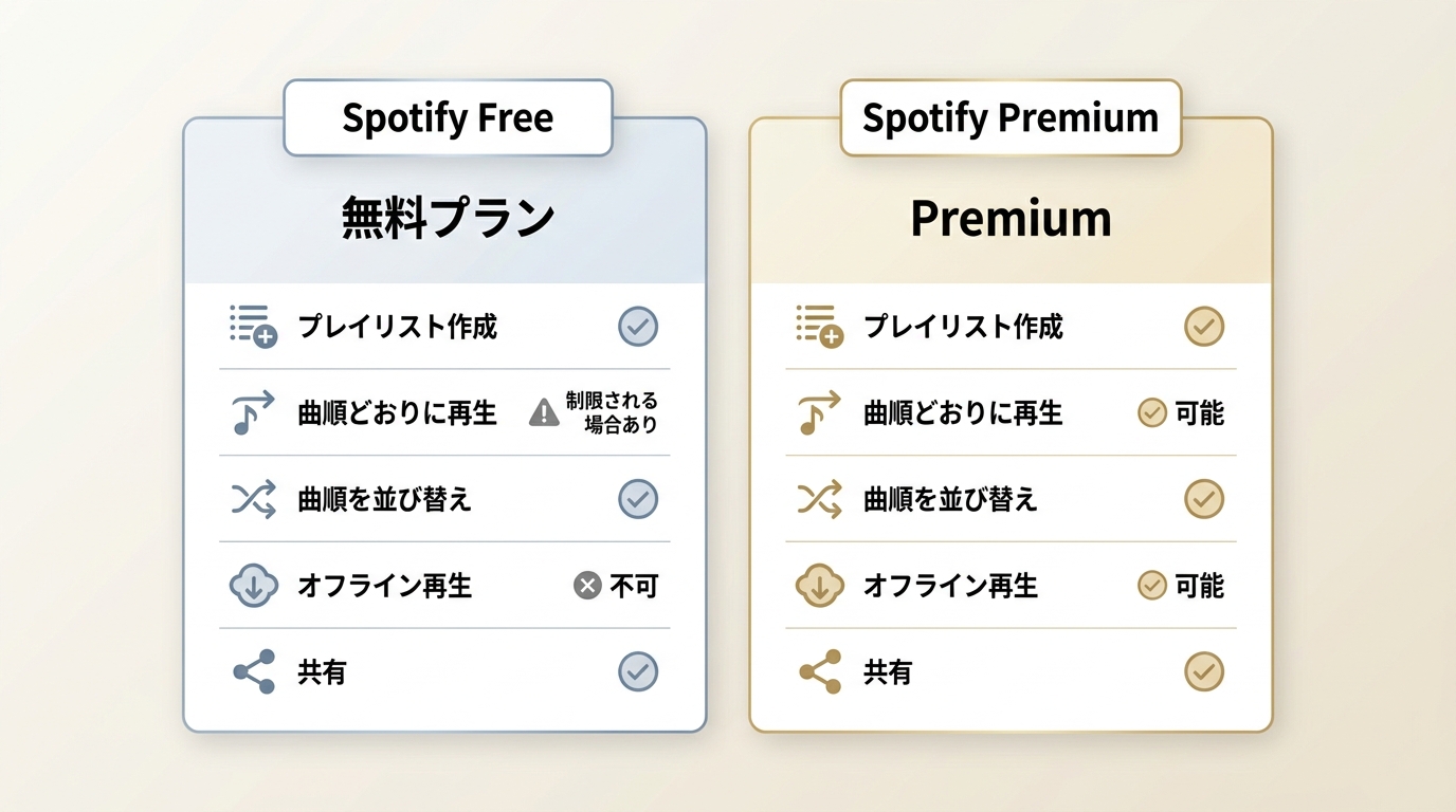 Spotify無料プランとPremiumの作成、曲順再生、オフライン再生の違い