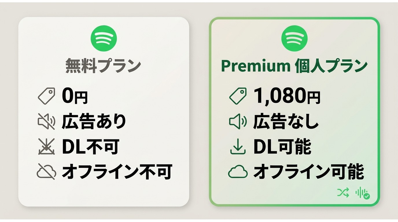 Spotify FreeとPremiumの料金、広告、音楽ダウンロード、オフライン再生の違い