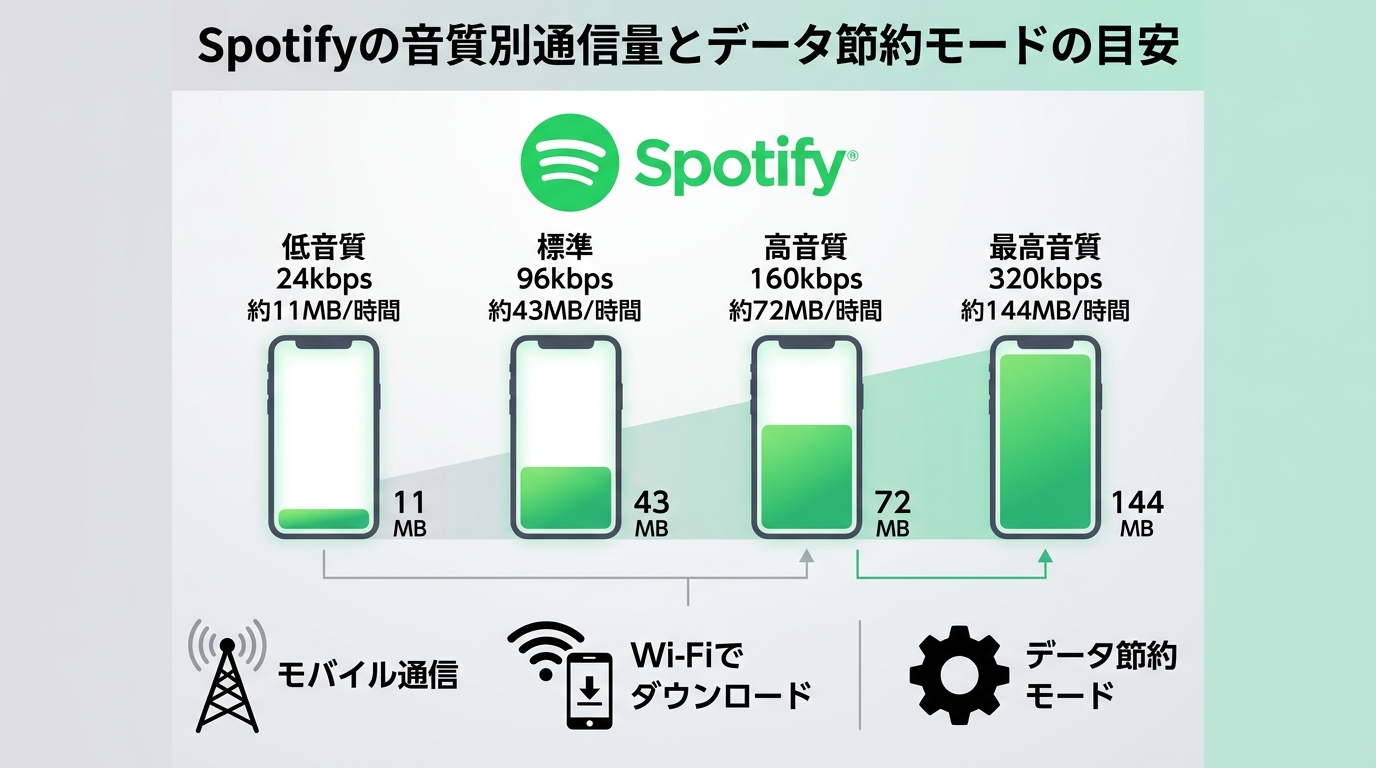 Spotifyの音質別通信量とデータ節約モードの目安