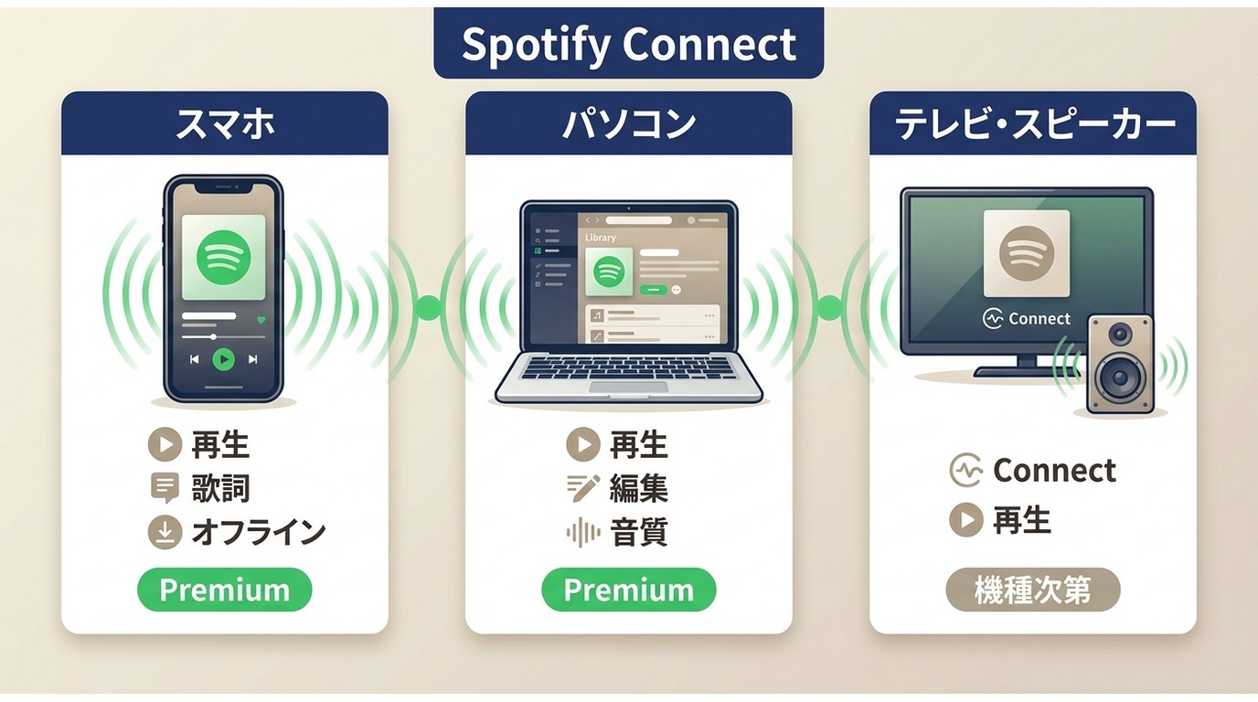 Spotifyをスマホ、パソコン、テレビ・スピーカーで使う場合の機能差