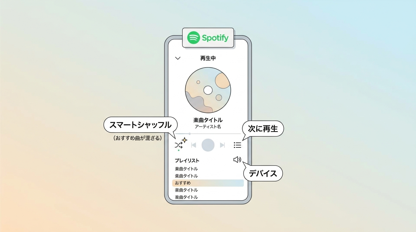 Spotifyでスマートシャッフル、次に再生、再生デバイスを確認する場所