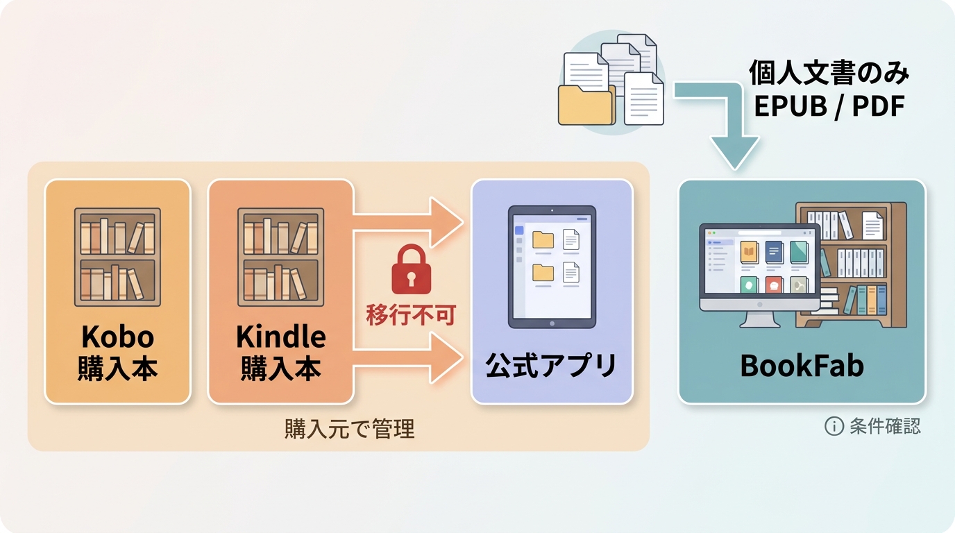 楽天Kobo本とKindle本の管理、公式アプリ併用、BookFabでの個人用整理の違い