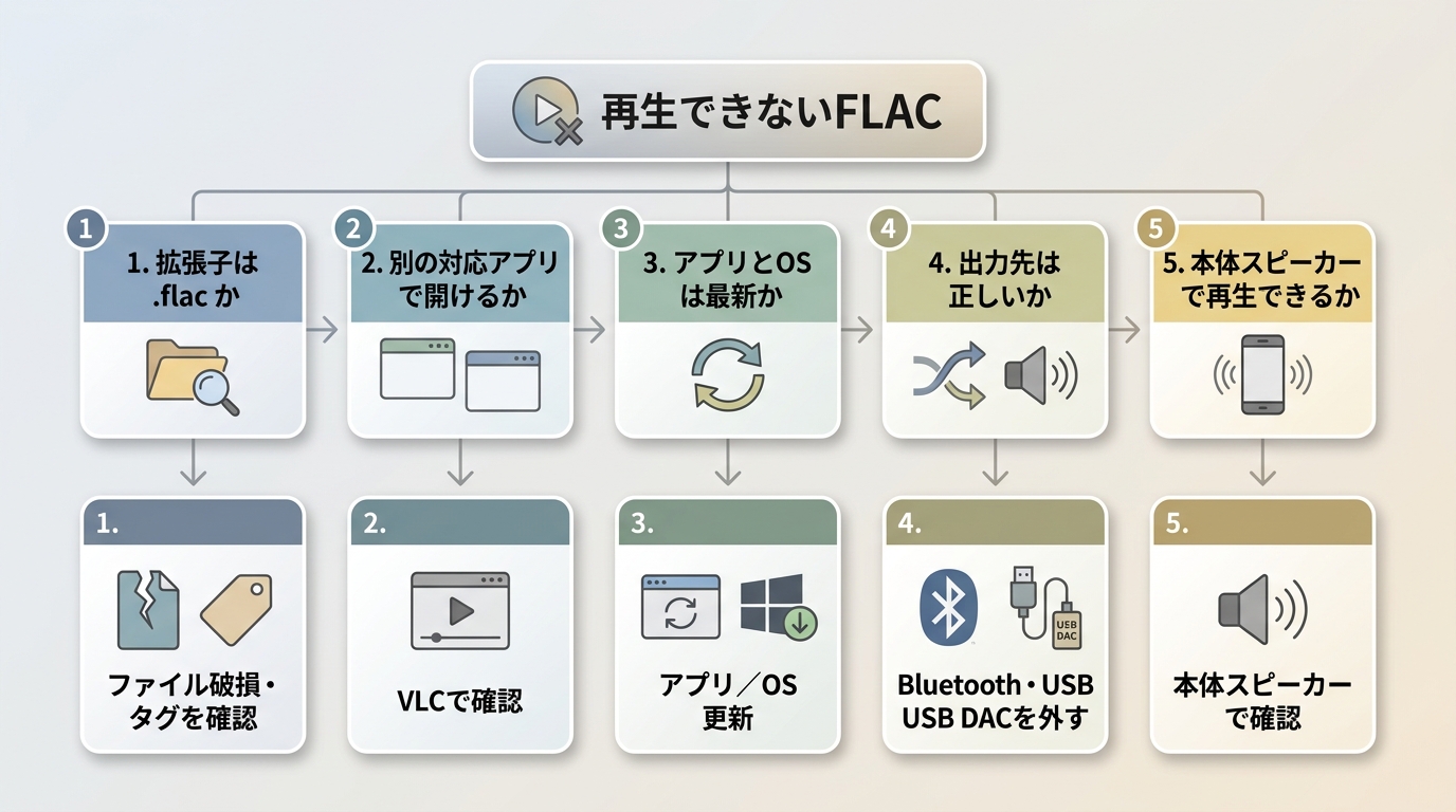 FLACが再生できない場合にファイル、アプリ、音声出力を確認する順番