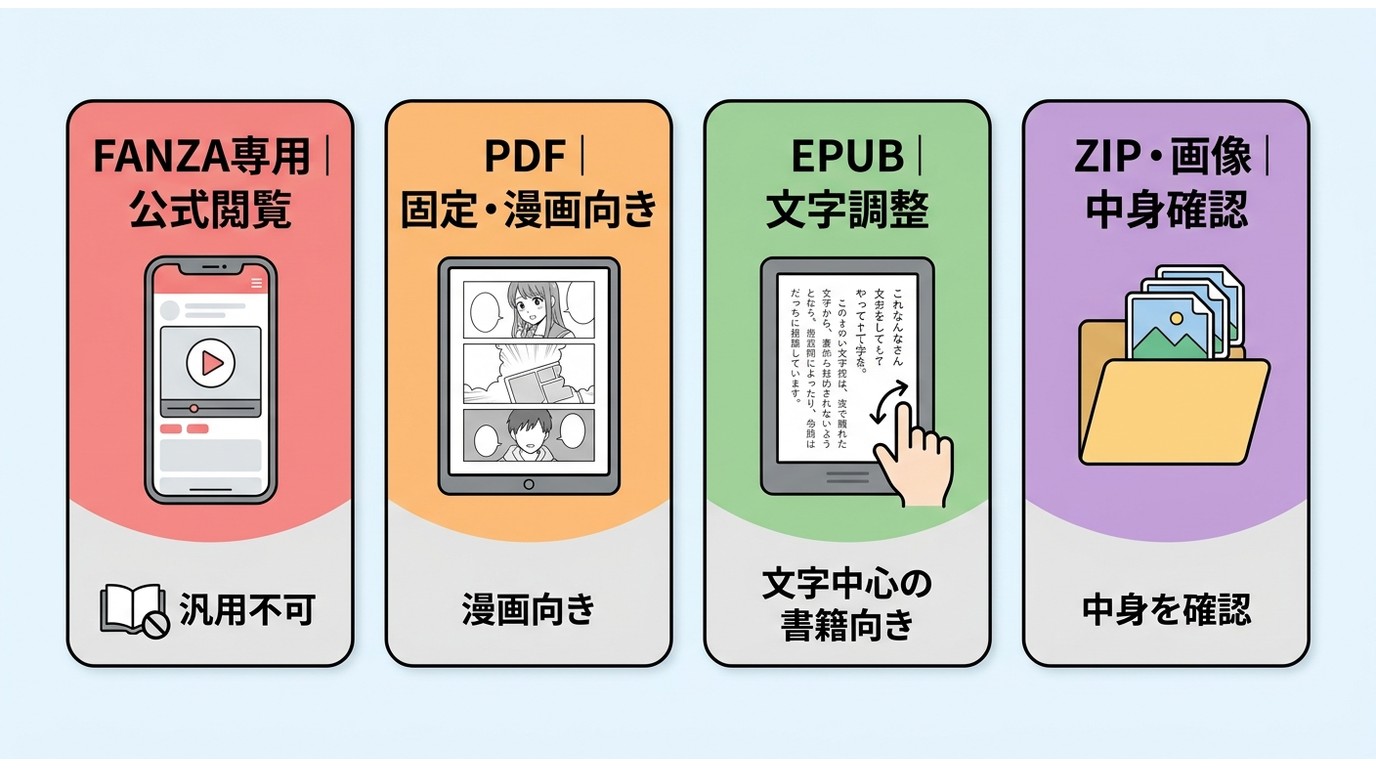 FANZA電子書籍をPDF・EPUB・ZIP・画像で扱う違い