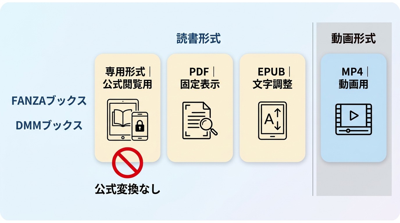 FANZA電子書籍の専用形式とPDF・EPUB・MP4の違い