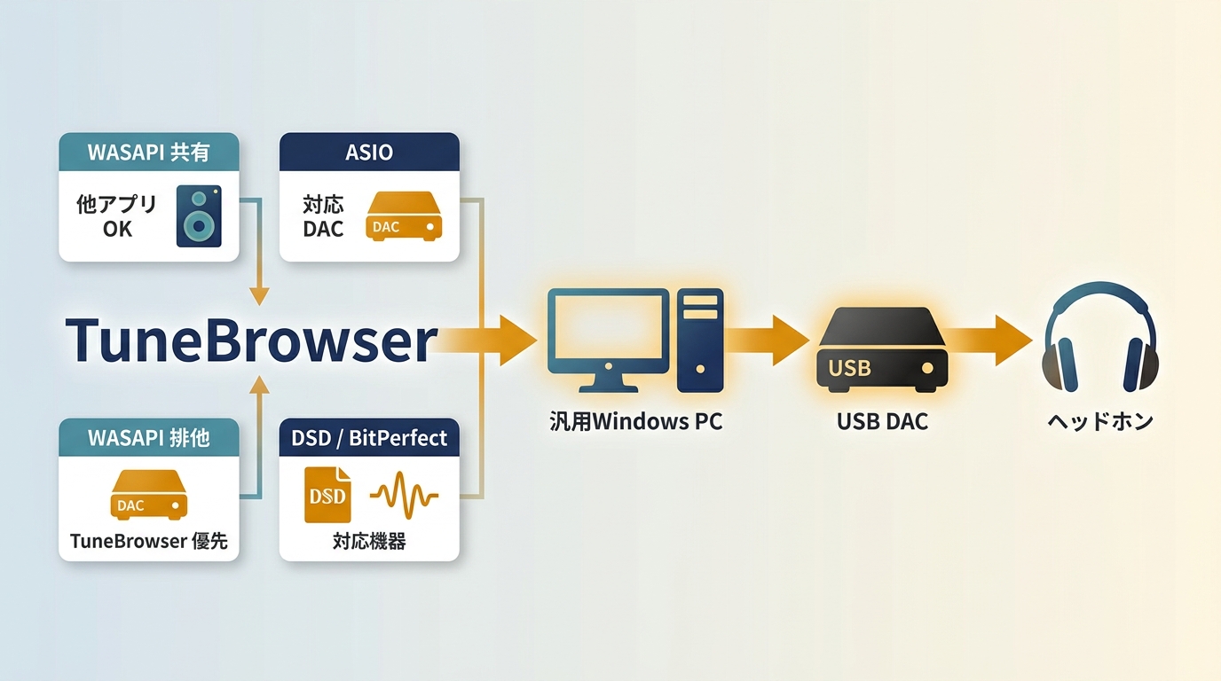 TuneBrowserのWASAPI共有・排他、ASIO、DSD設定