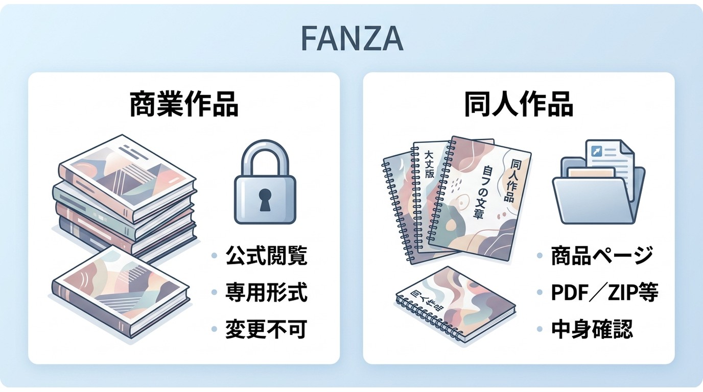 FANZAの商業作品と同人作品で異なる配信形式