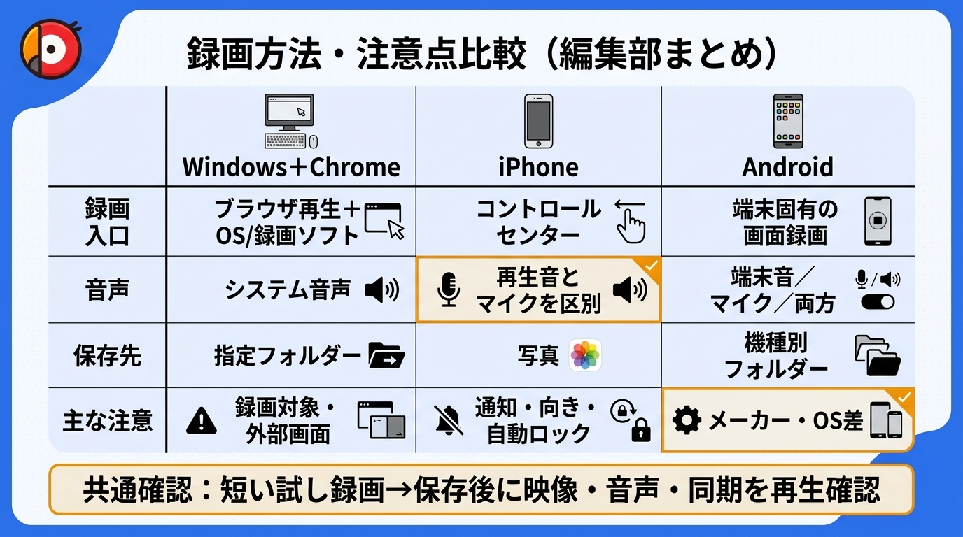 WindowsとChrome、iPhone、Androidの録画入口、音声、保存先、主な注意点を比較した日本語マトリクス。