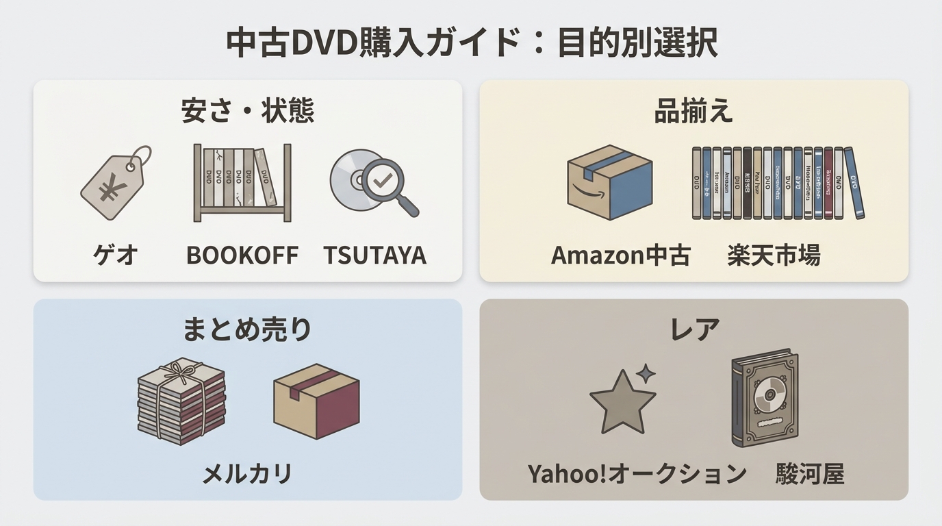 中古DVDの目的別購入先。安さはゲオ・BOOKOFF、レア作品は駿河屋やYahoo!オークション。