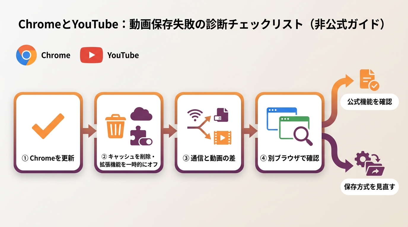 ChromeとYouTubeの保存不具合を4項目で確認する手順