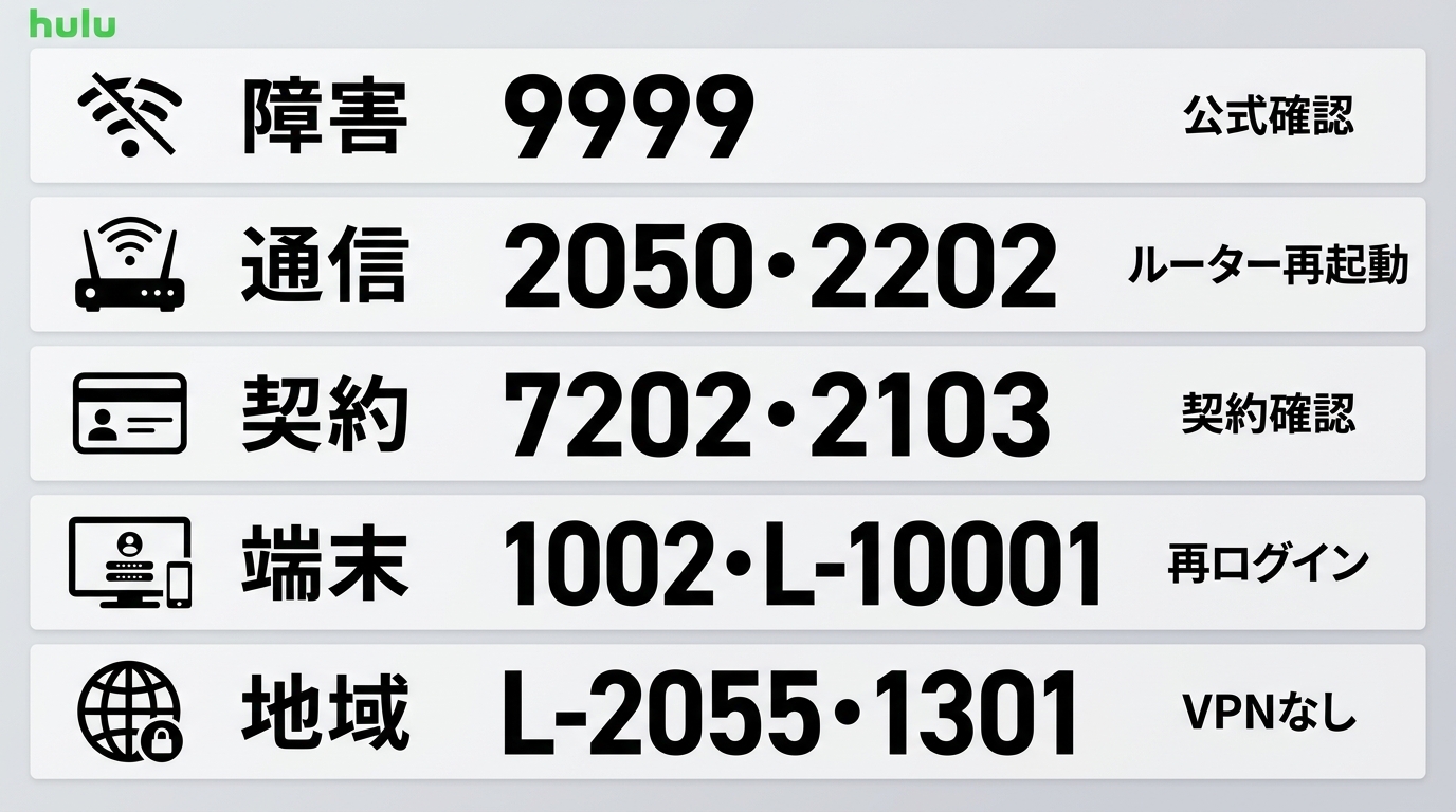 Huluの障害、通信、契約、端末、地域制限別の対処とコード例