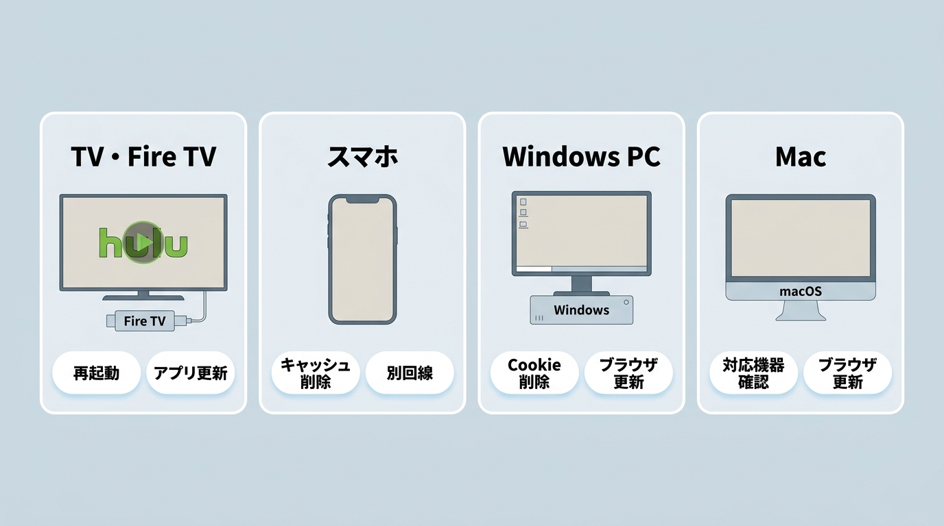 Huluをテレビ、スマホ、PCで再生できない場合の端末別確認項目
