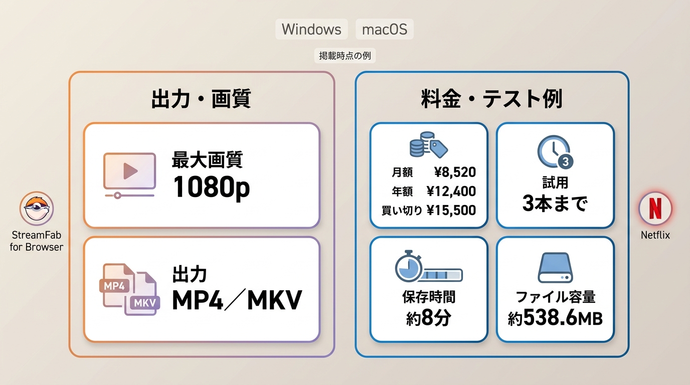 StreamFab for BrowserのNetflix保存画質、料金、時間、容量の実例