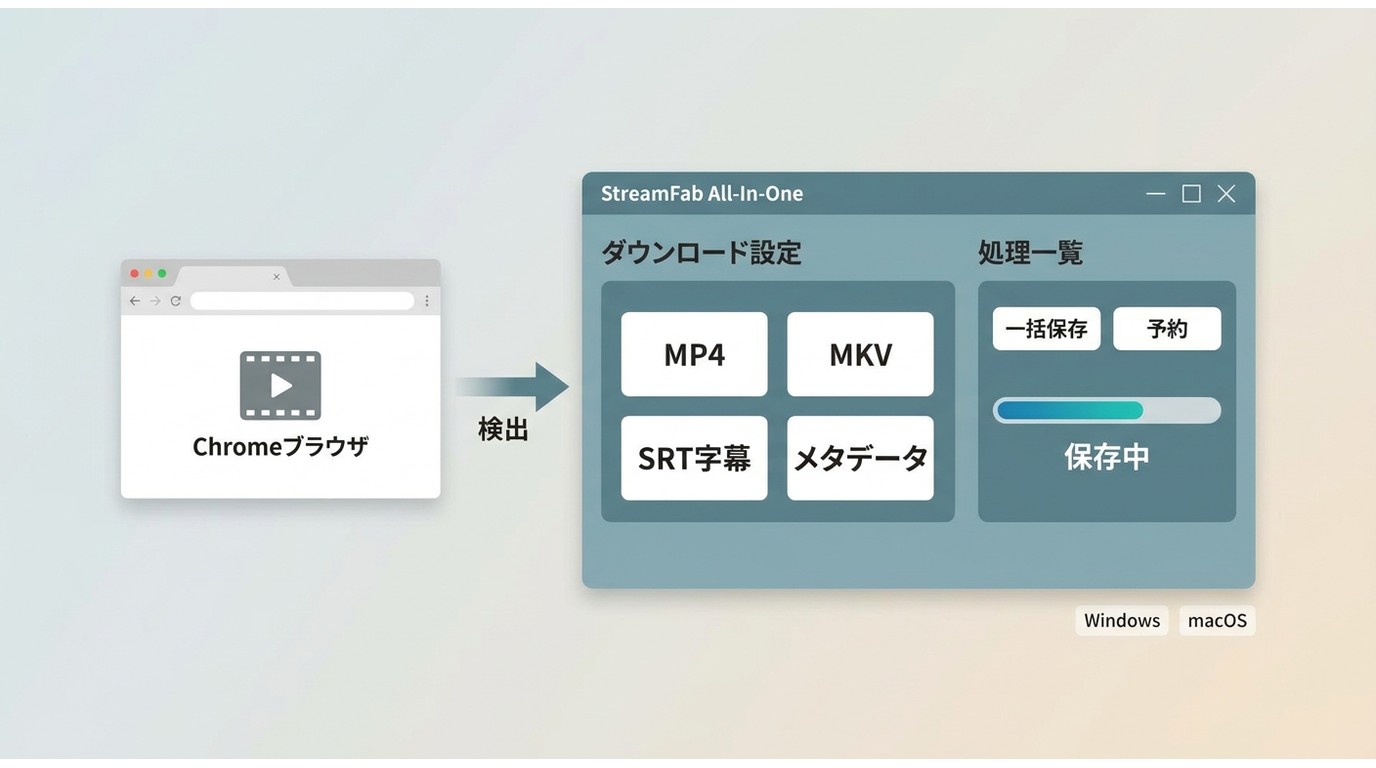 StreamFab All-In-OneでMP4・MKV・SRT字幕をまとめて保存する画面